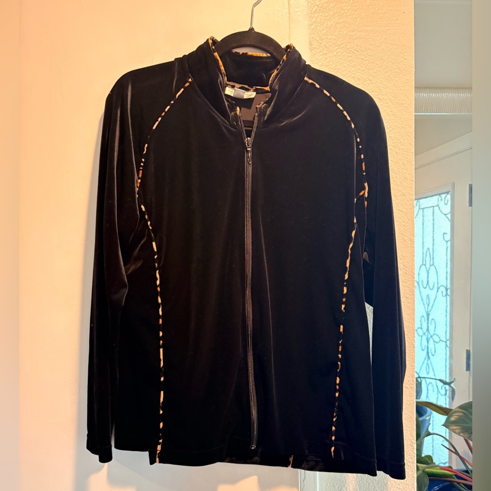 Coldwater Creek Black Velvet Jacket with Leopard Trim and matching joggers